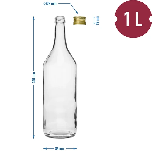 1 L-es asztali palack, fi28-as kupakkal - 4 db. - 6