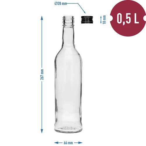 500 ml-es Karcsú üveg, fekete csavaros kupakkal, vodkához, 6 db. - 7