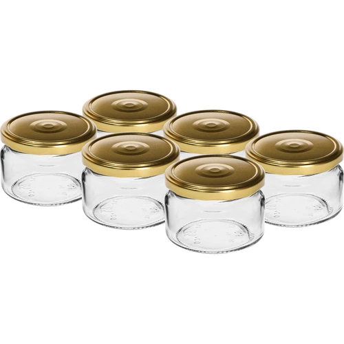 Alacsony, 200 ml-es befőttesüveg - arany színű kupakkal fi 82/6, 6 db