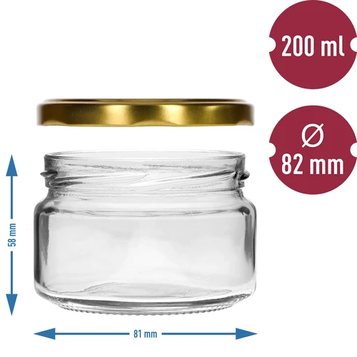 Alacsony, 200 ml-es befőttesüveg - arany színű kupakkal fi 82/6, 6 db - 5