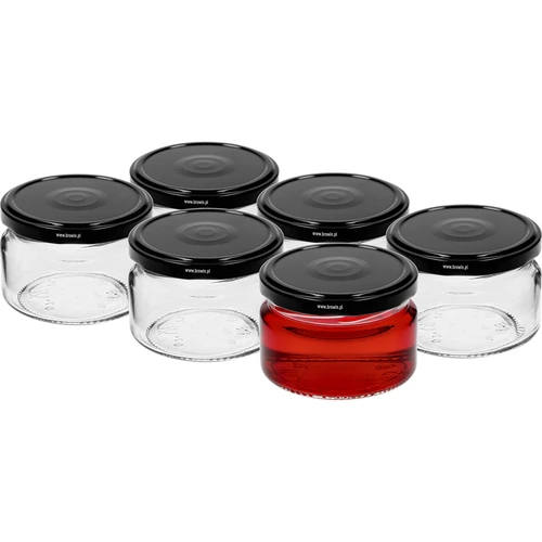 Alacsony 200 ml-es befőttesüveg - fekete fi 82/6 csavaros kupakkal, 6 db - 2