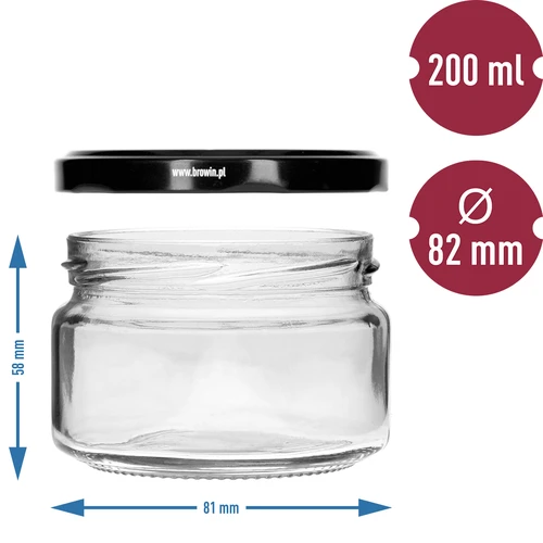 Alacsony 200 ml-es befőttesüveg - fekete fi 82/6 csavaros kupakkal, 6 db - 5