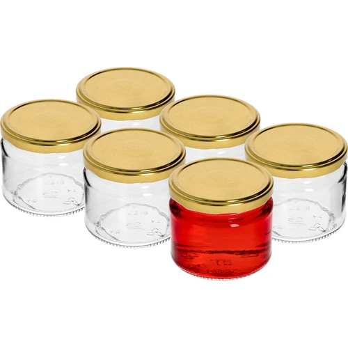 Alacsony 330 ml-es befőttesüveg - aranyszínű kupakkal, Ø 82/6, 6 db - 2