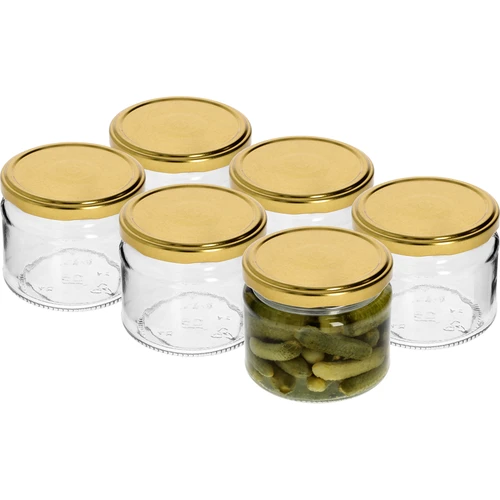 Alacsony 330 ml-es befőttesüveg - aranyszínű kupakkal, Ø 82/6, 6 db - 3
