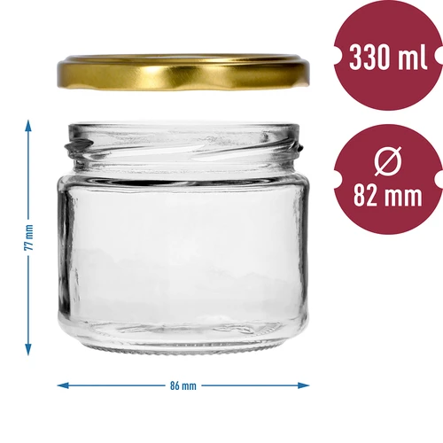 Alacsony 330 ml-es befőttesüveg - aranyszínű kupakkal, Ø 82/6, 6 db - 7