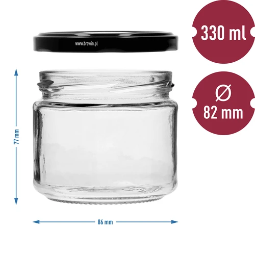 Alacsony 330 ml-es befőttesüveg - fekete fi 82/6 kupakkal, 6 db - 7