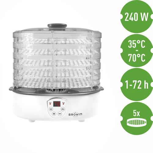 Aszalógép gombák, gyümölcsök, zöldségek és gyógynövények szárításához, hőmérséklet-szabályozással, 240 W, átlátszó - 7