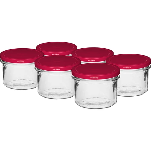 Egyenes falú 235 ml-es (fi82) befőttesüveg bordó csavaros tetővel, 6 db