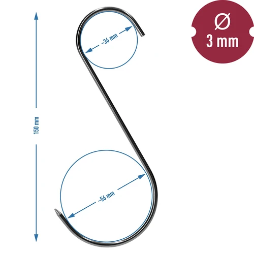 Füstölő kampók – S alakú, élezett, 3 mm x 150 mm, 15 db - 7