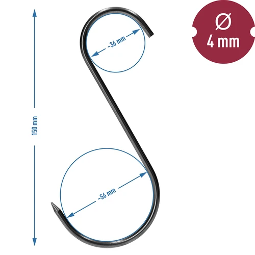 Füstölőkampók – S alakú, kihegyezett, 4 mm x 150 mm, 15 db - 6