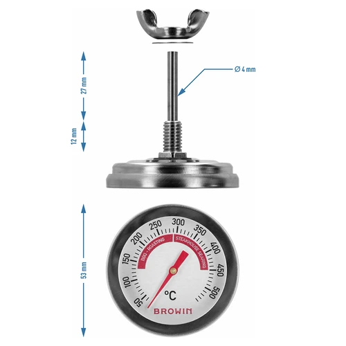 Grill- és BBQ-hőmérő, 50-től +500 °C-ig, bimetálos, 5,3cm - 7