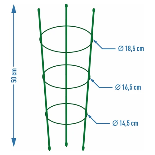 Gyűrűs növénytámasz, 3 gyűrűvel, 0,5 m - 2