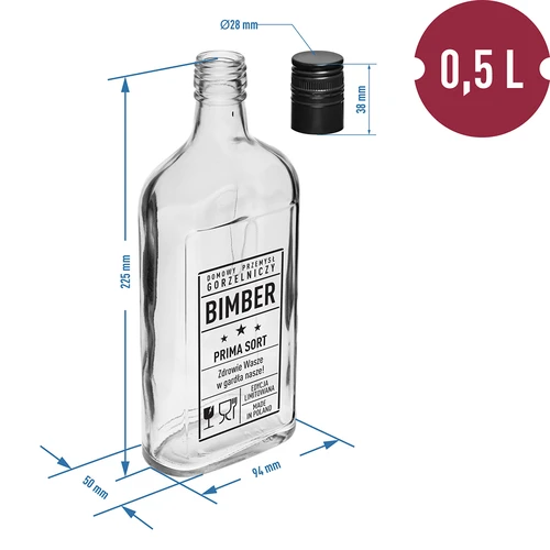 Laposüveg 500 ml, csavarzárral, „Bimber PRL” felirattal, 1 db - 5