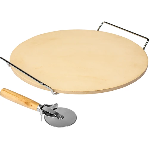 Pizzakő fogantyúval és pizzavágóval, kordieritből, kerek, 33 cm átmérőjű - 2