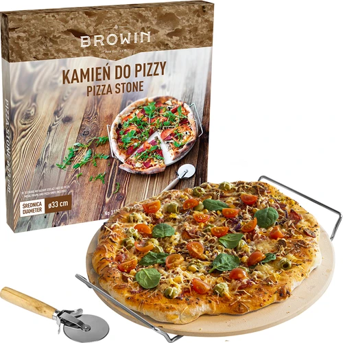 Pizzakő fogantyúval és pizzavágóval, kordieritből, kerek, 33 cm átmérőjű - 7