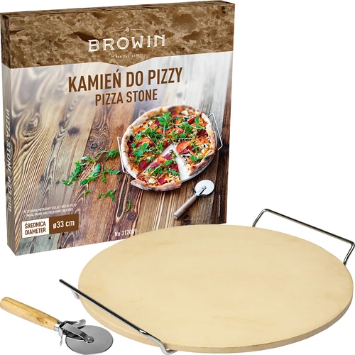 Pizzakő fogantyúval és pizzavágóval, kordieritből, kerek, 33 cm átmérőjű - 6