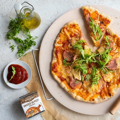 Pizzakő fogantyúval és pizzavágóval, kordieritből, kerek, 33 cm átmérőjű - 13