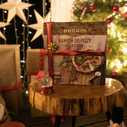 Pizzakő fogantyúval és pizzavágóval, kordieritből, kerek, 33 cm átmérőjű - 19
