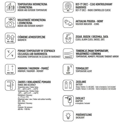 RCC időjárás-állomás – elektronikus, háttérvilágítású, vezeték nélküli, érzékelővel, fekete - 10