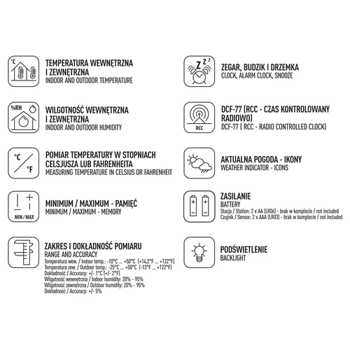RCC időjárás-állomás – elektronikus, vezeték nélküli, megvilágított érzékelő, fekete - 11
