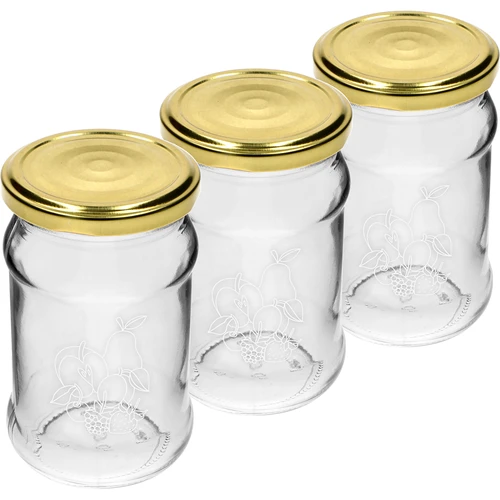 TO 300 ml-es, nyomattal ellátott befőttesüveg – vegyes gyümölcsmintával és fi66/4 kupakkal – 3 db. - 2
