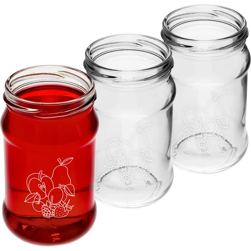 TO 300 ml-es, nyomattal ellátott befőttesüveg – vegyes gyümölcsmintával és fi66/4 kupakkal – 3 db. - 3
