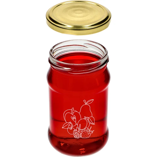 TO 300 ml-es, nyomattal ellátott befőttesüveg – vegyes gyümölcsmintával és fi66/4 kupakkal – 3 db. - 5