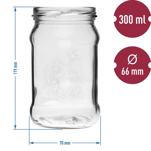TO 300 ml-es, nyomattal ellátott befőttesüveg – vegyes gyümölcsmintával és fi66/4 kupakkal – 3 db. - 6