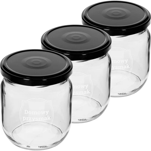 TO 425 ml-es befőttes üveg „Házi finomság” nyomattal és fekete fi 82 csavaros tetővel - 3 db. - 2