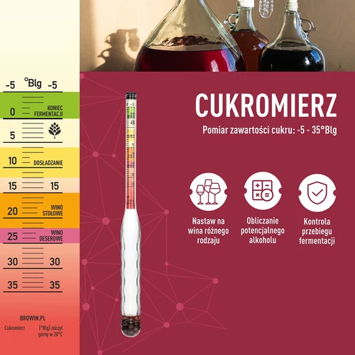 Törésálló cukorfokoló próbacsővel, mérési tartomány: -5-35°Blg - 5