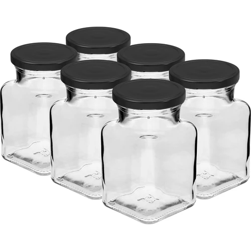 Twist-off befőttesüveg, 150 ml-es, Négy sarok, fi 53, fekete kupakkal, 6 db.