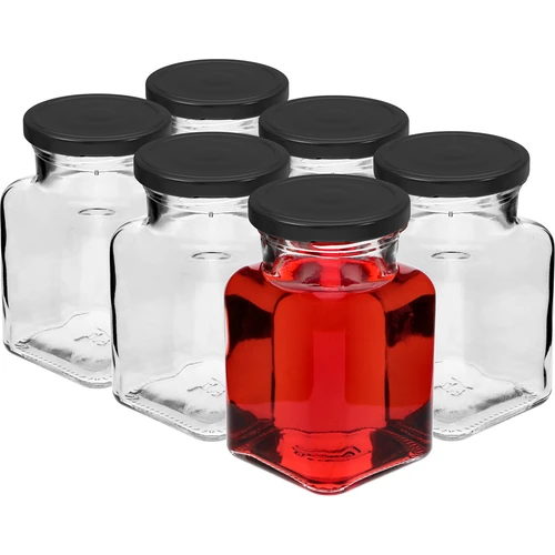 Twist-off befőttesüveg, 150 ml-es, Négy sarok, fi 53, fekete kupakkal, 6 db. - 2