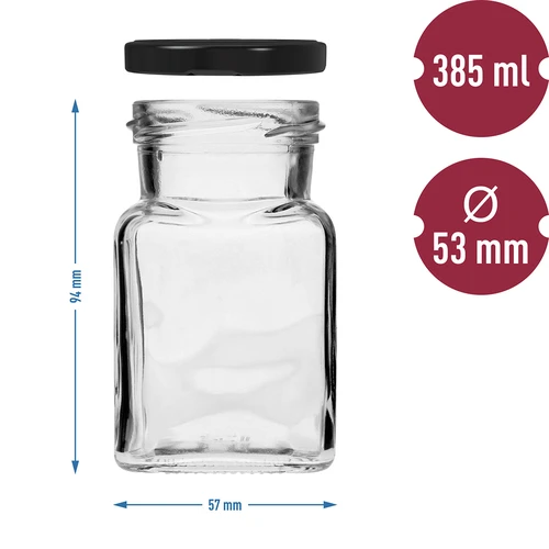 Twist-off befőttesüveg, 150 ml-es, Négy sarok, fi 53, fekete kupakkal, 6 db. - 6