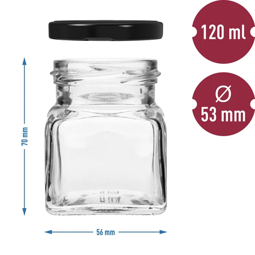 Twist-off üveg 120 ml - Négy sarok fi 53, fekete kupakkal, 6 db - 6